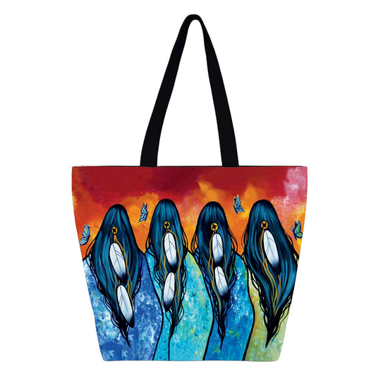 Tote bag with artistic design of blue birds on a colorful background