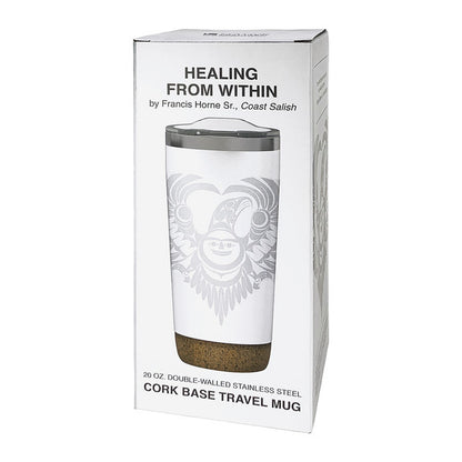 Travel mug with cork base in packaging on a white background