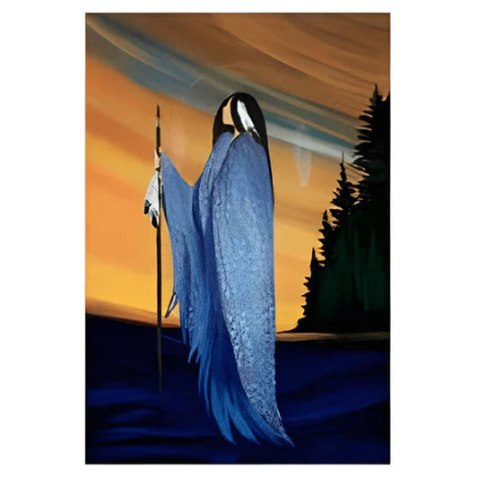 Painting of a lady with blue wings against a sunset sky