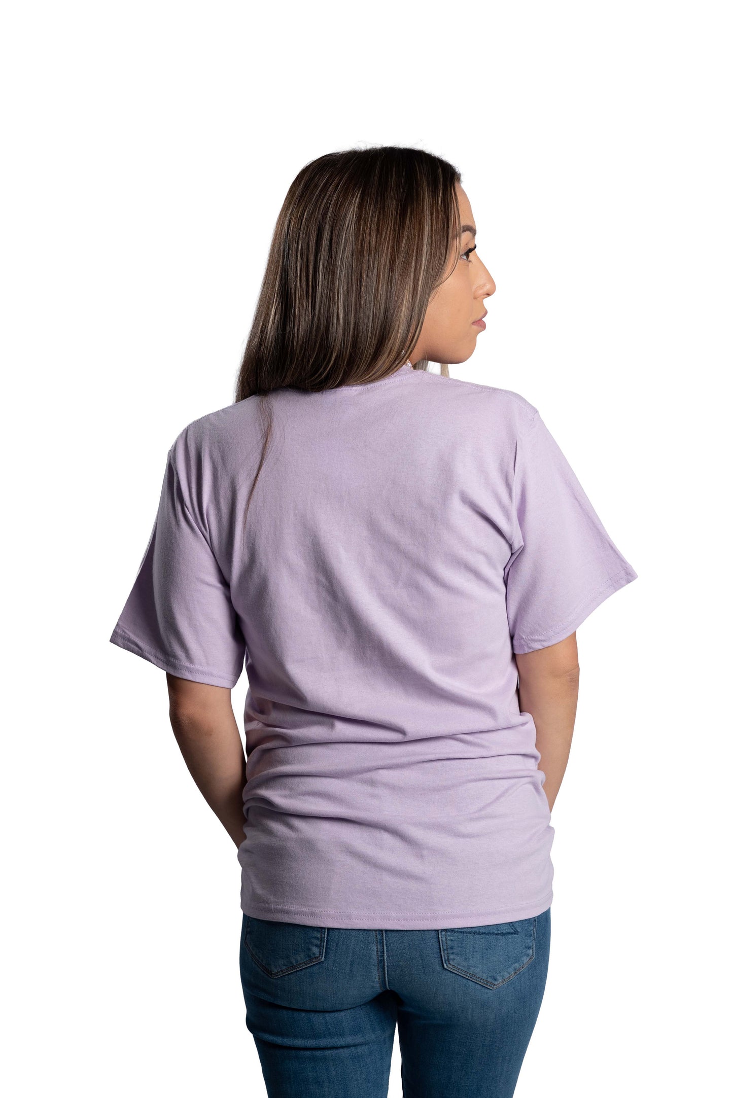 Woman wearing a light purple t-shirt on a white background