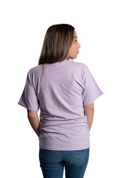 Woman wearing a light purple t-shirt on a white background