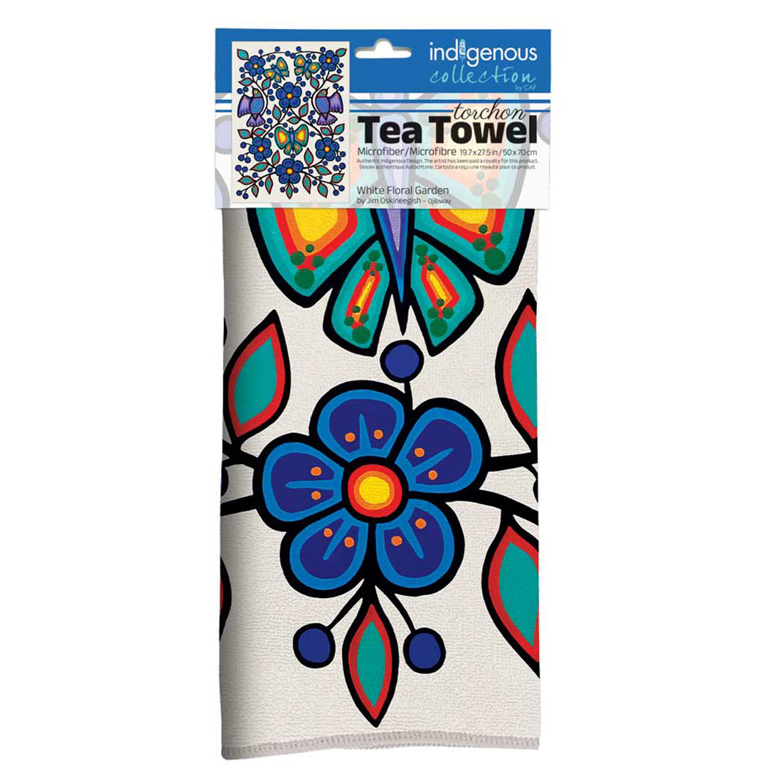 White Floral Garden Microfiber Tea Towel
