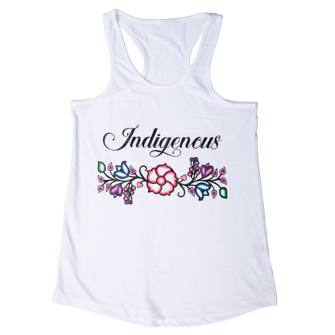 White tank top with 'Indigenous' text and floral design on a white background