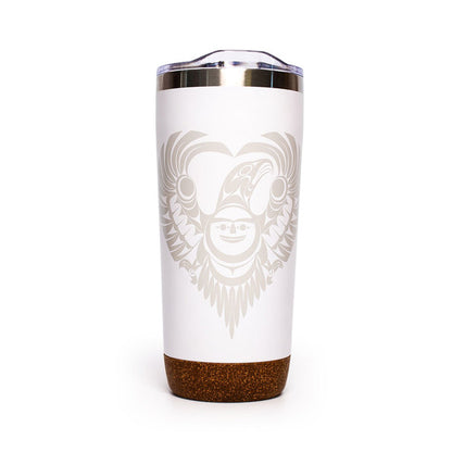 White tumbler with a decorative design and cork base on a white background