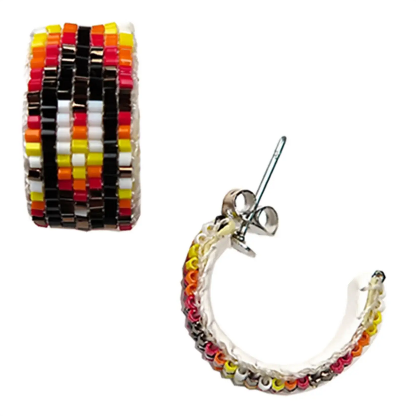 Wide feather loomed hoop earring with colourful Indigenous design