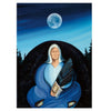 Figure in blue robe holding a sacred item under a night sky with a full moon