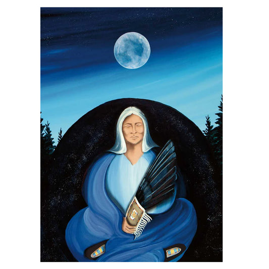 Figure in blue robe holding a sacred item under a night sky with a full moon