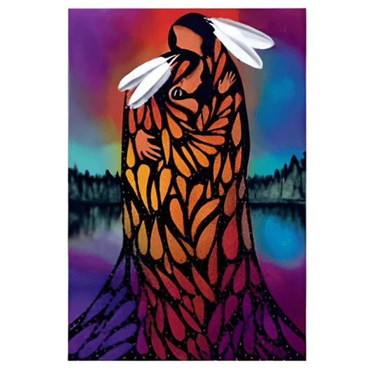 Colorful abstract painting of a figure with a headdress against a stylized landscape.