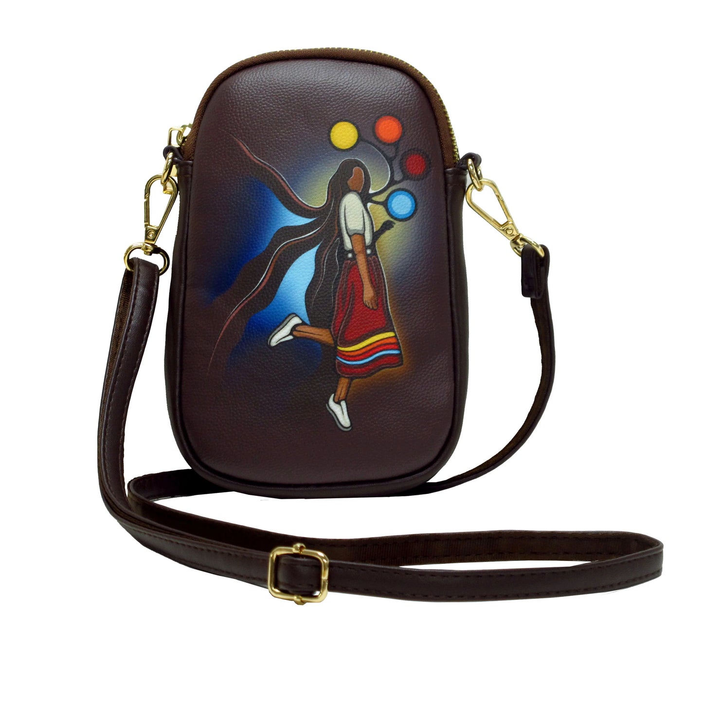 A Skirt with a Story Phone Bag featuring Anishinaabe art, adjustable strap and colorful design.