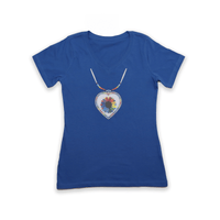 Beaded Heart Medallion - Ladies V-neck blue T-shirt with beaded heart graphic design.