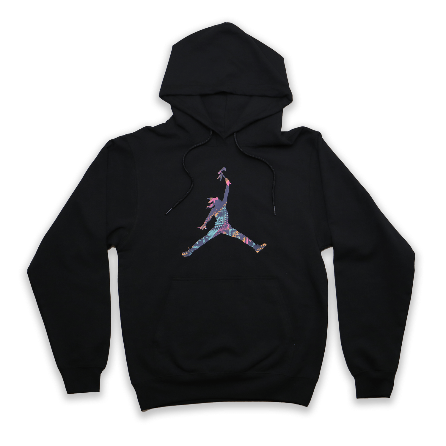 Tribal Leap Hoodie featuring a vibrant, tribal-inspired graphic on a black background.