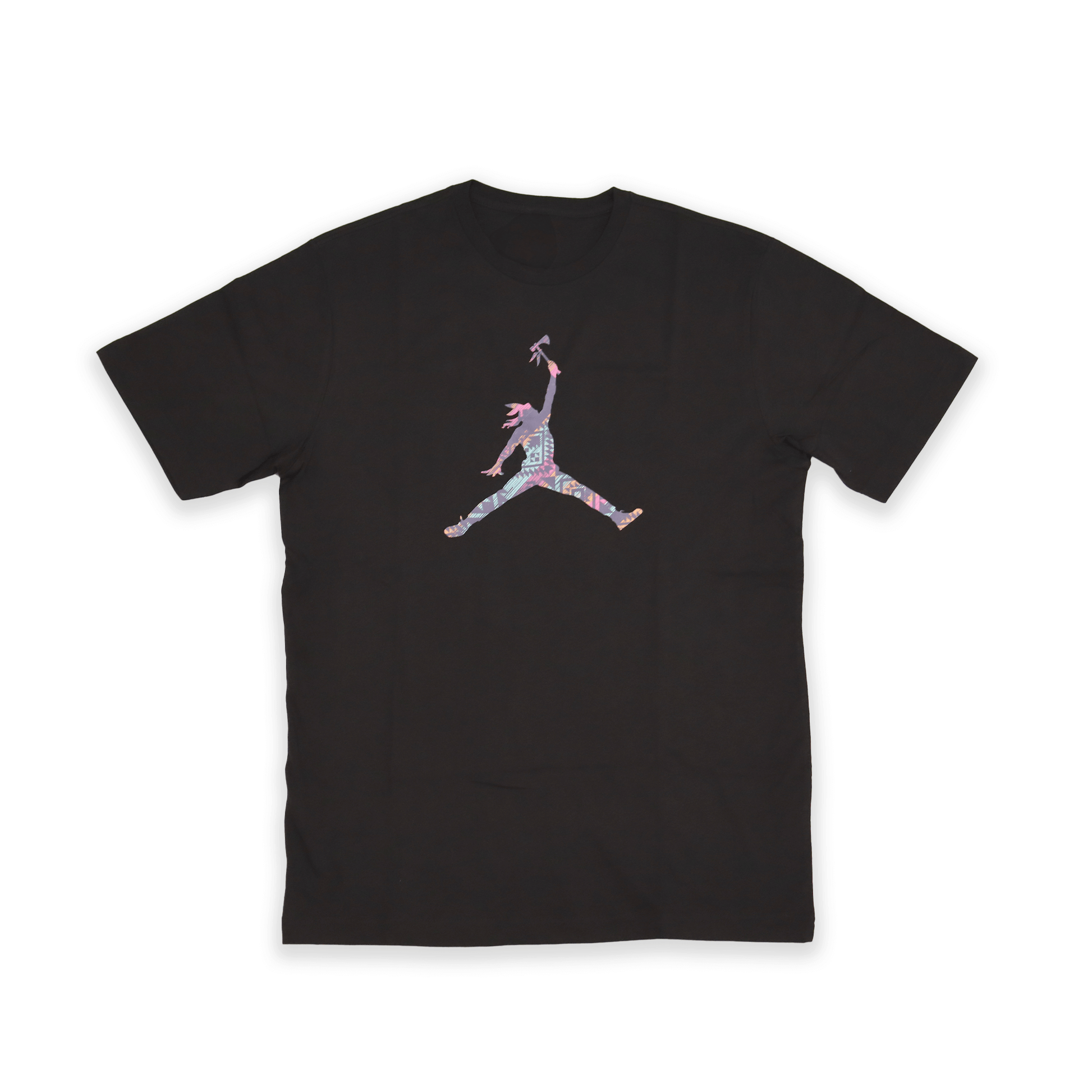 Black t-shirt featuring a colorful design, perfect for sports and casual wear.
