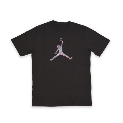 Black t-shirt featuring a colorful design, perfect for sports and casual wear.