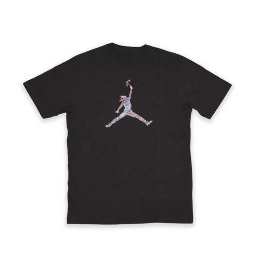 Black t-shirt featuring a colorful design, perfect for sports and casual wear.