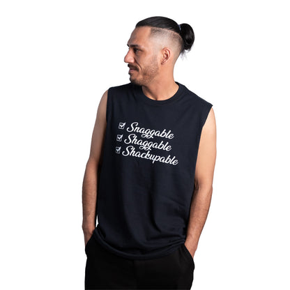 Man wearing a black sleeveless shirt with text on a white background