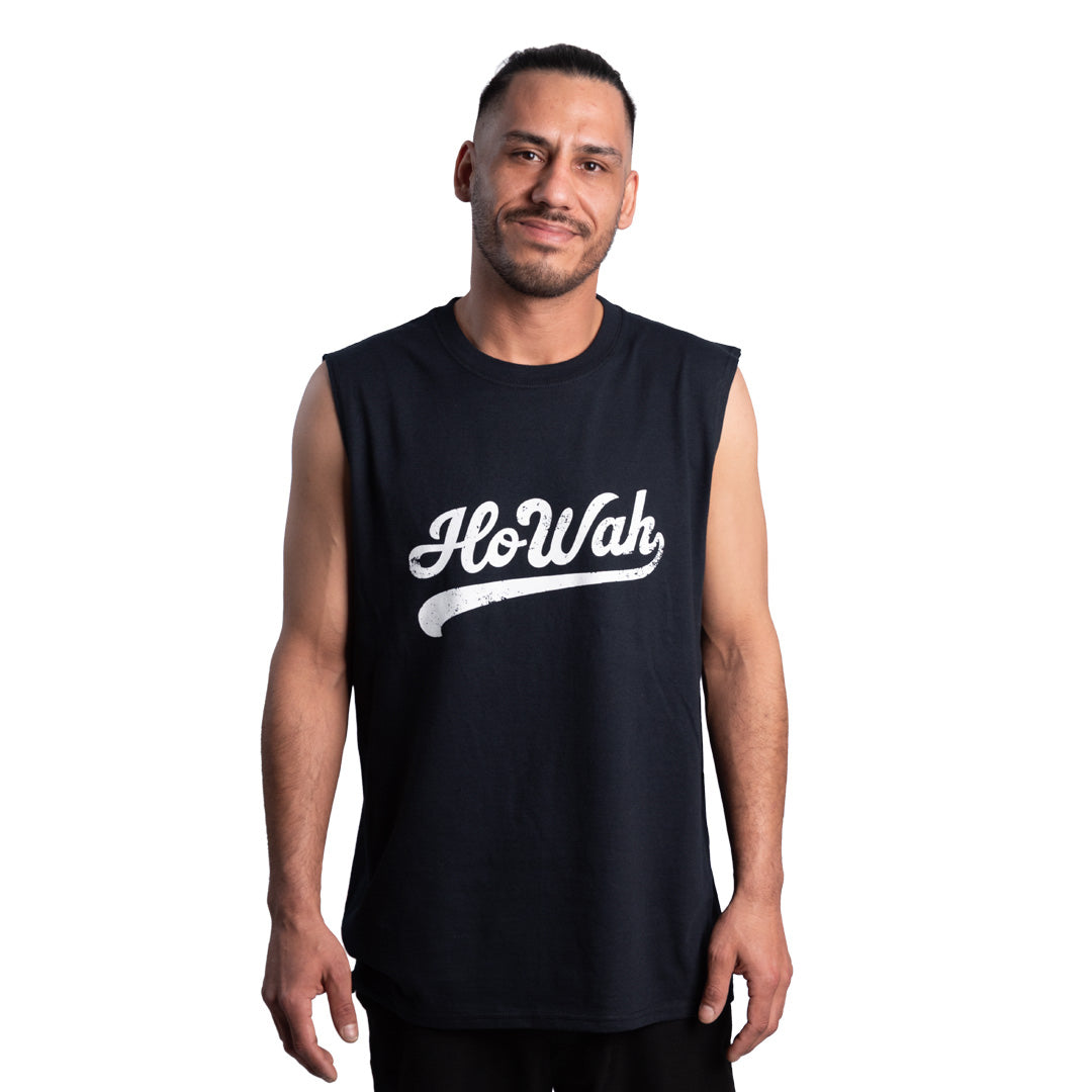 Man wearing a black sleeveless shirt with 'HoWah' logo on a white background