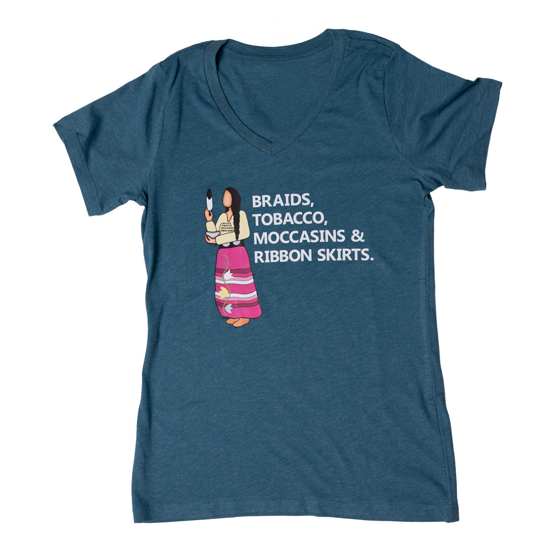 Braids Tobacco Moccasins & Ribbon Skirts V-neck