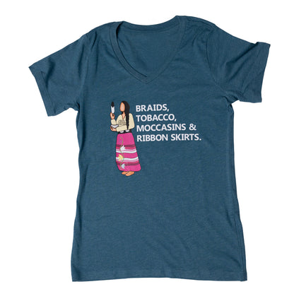 Braids Tobacco Moccasins & Ribbon Skirts V-neck