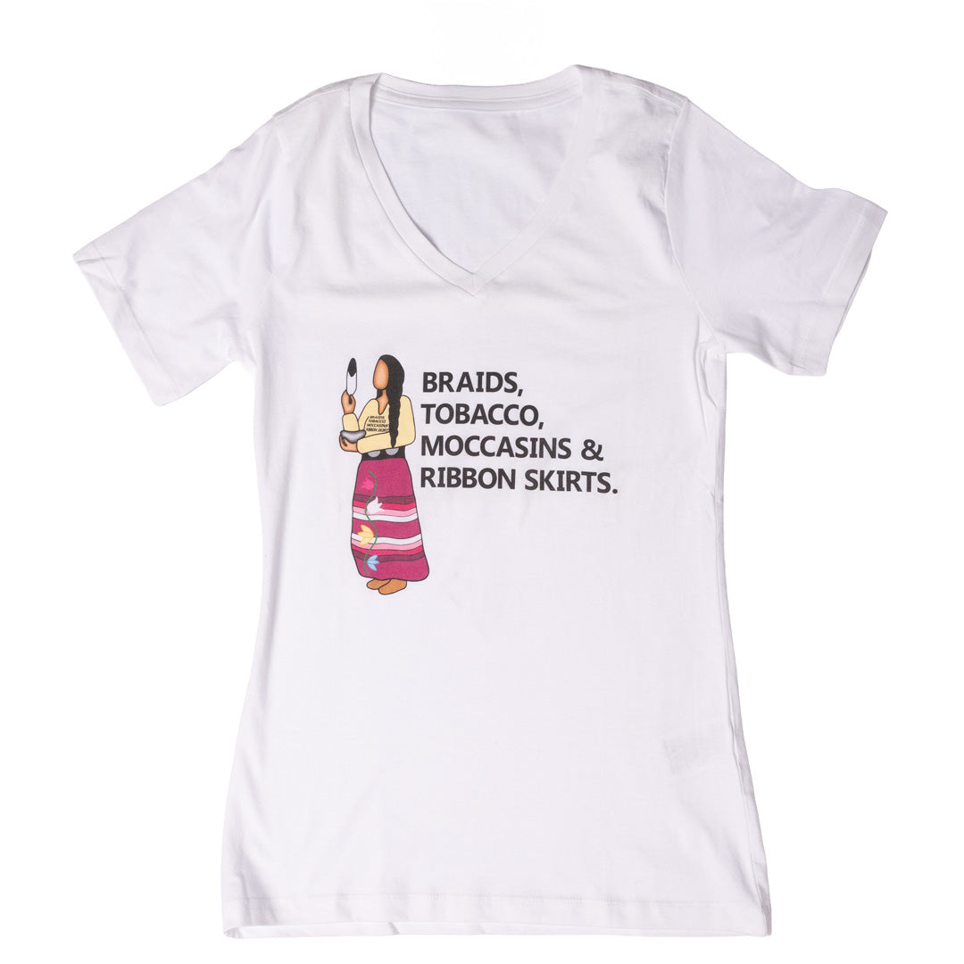 Braids Tobacco Moccasins & Ribbon Skirts V-neck