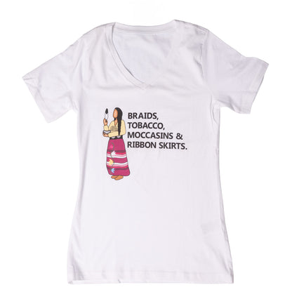 Braids Tobacco Moccasins & Ribbon Skirts V-neck