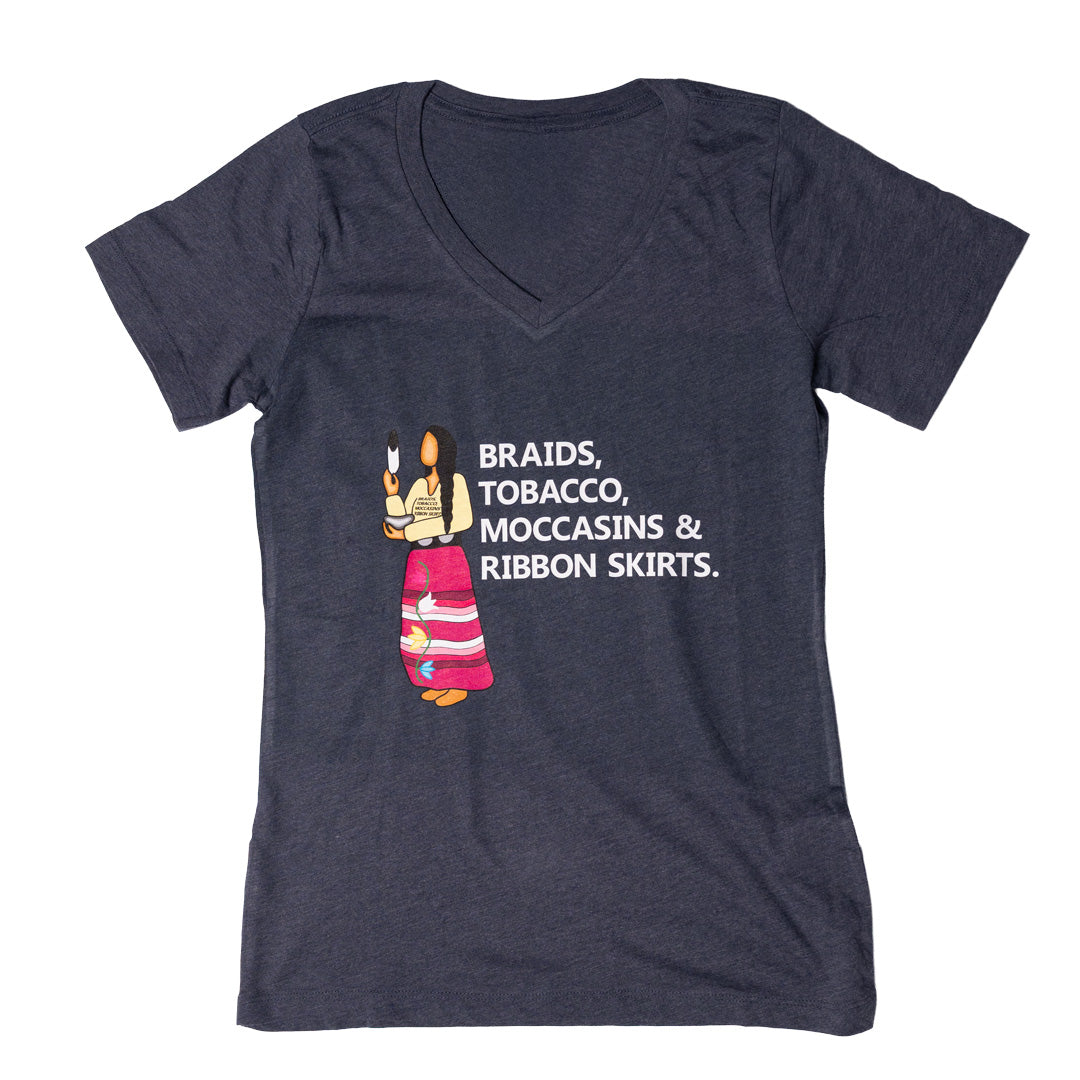 Braids Tobacco Moccasins & Ribbon Skirts V-neck