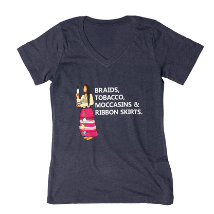 Braids Tobacco Moccasins & Ribbon Skirts V-neck