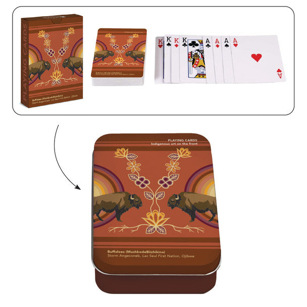 Buffaloes MashkodeBiizhikina - Playing Cards featuring Indigenous artwork and a decorative tin design.