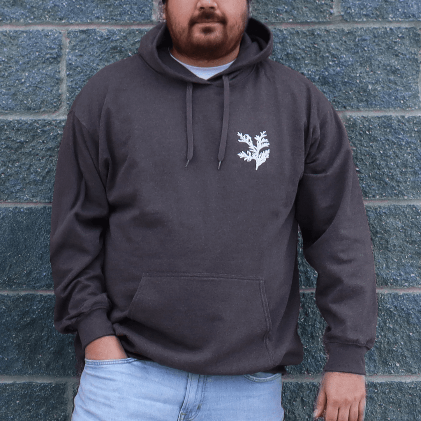 Person wearing Cedar Medicine Hoodie in black with cedar leaf chest design