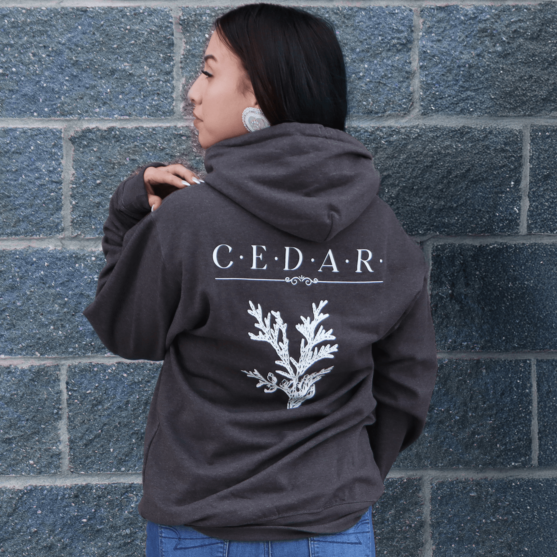 Back view of Cedar Medicine Hoodie with medicine print on the back