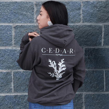 Back view of Cedar Medicine Hoodie with medicine print on the back
