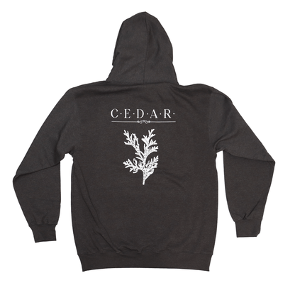 Back view of Cedar Medicine Hoodie featuring Indigenous medicine design