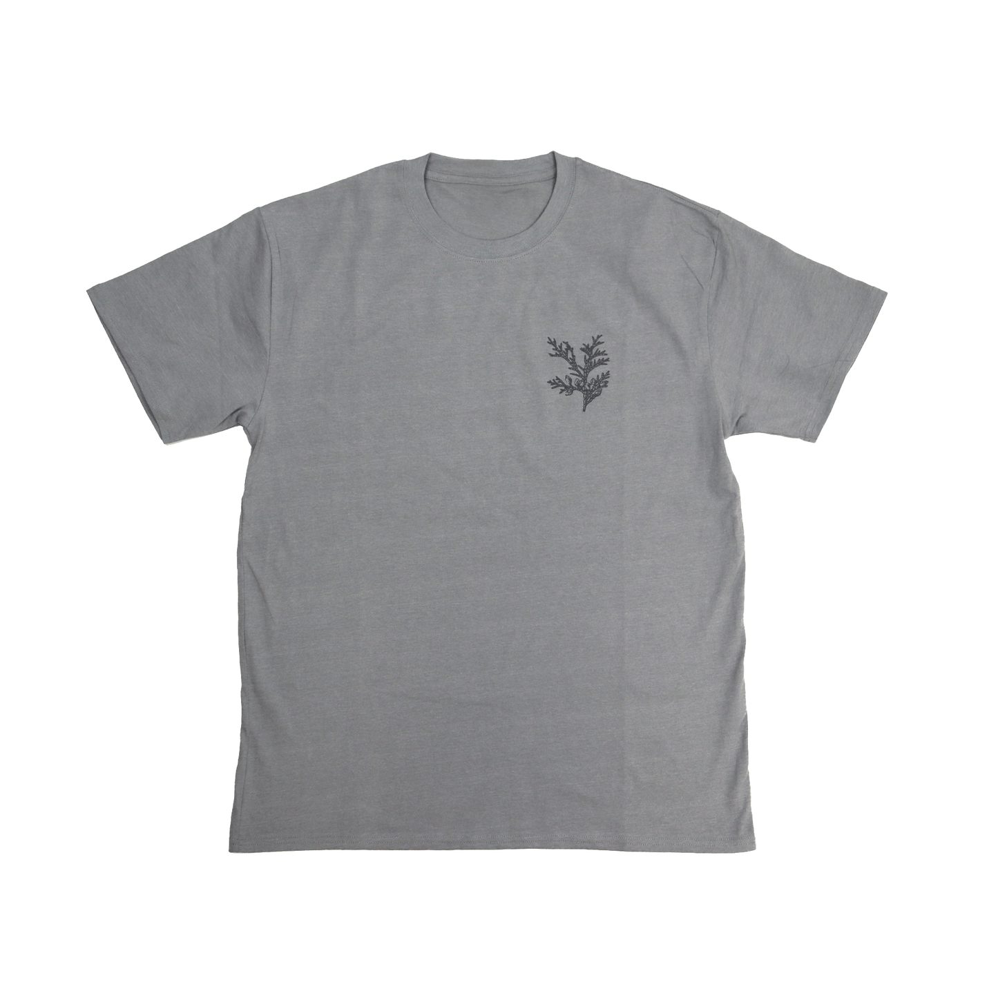Flat lay front view of Cedar Medicine Tee in grey with Indigenous cultural print