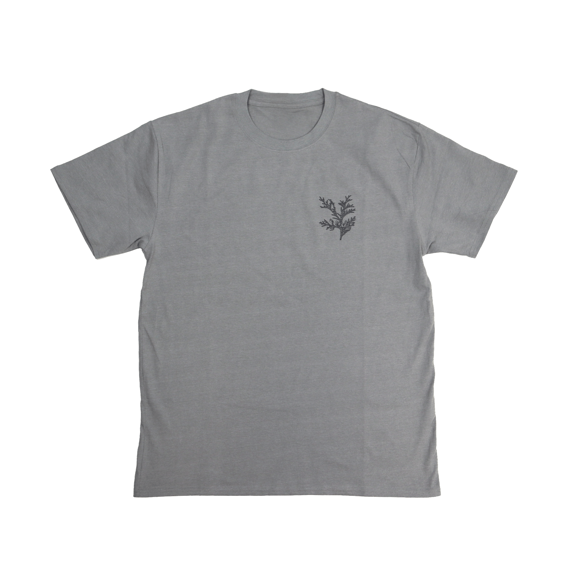 Flat lay front view of Cedar Medicine Tee in grey with Indigenous cultural print