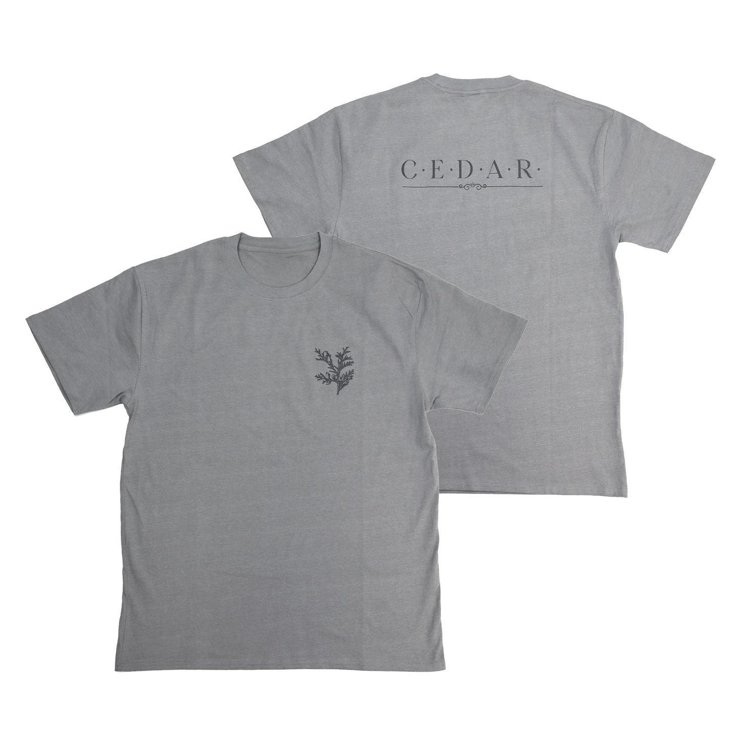 Flat lay front and back view of Cedar Medicine Tee in grey with minimalist chest and back print