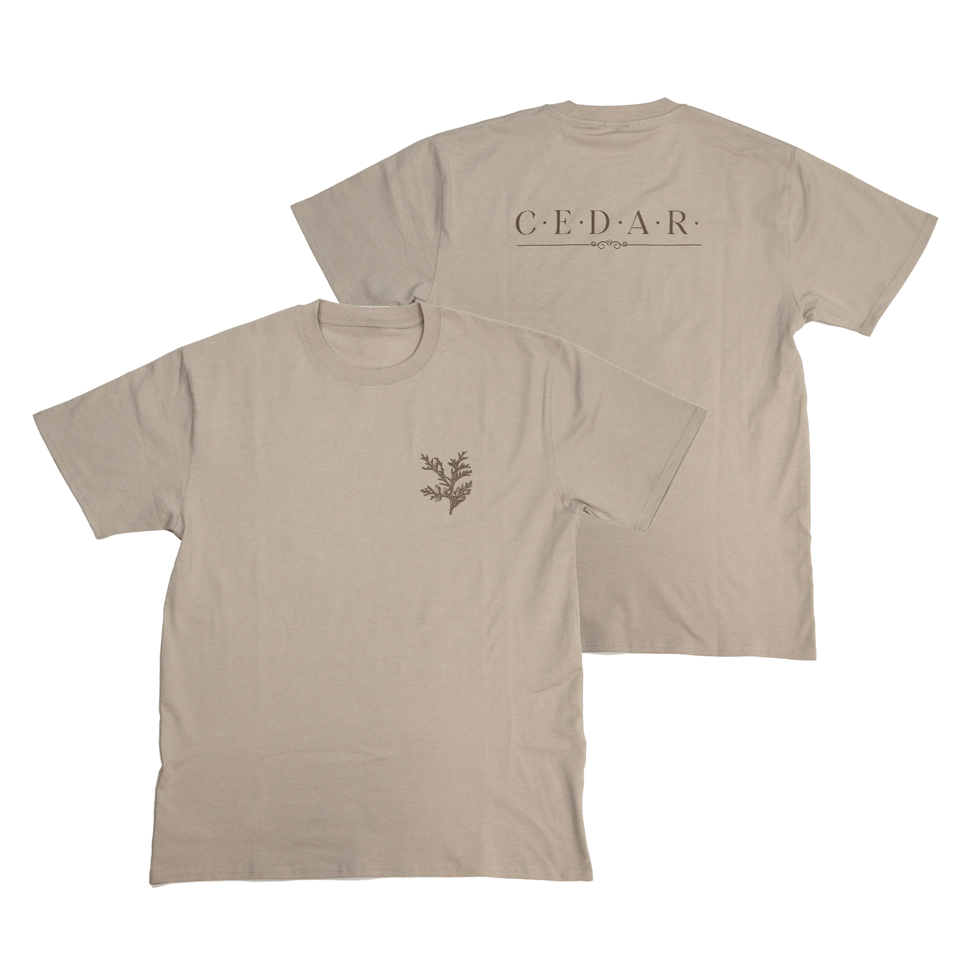 Flat lay front and back view of Cedar Medicine Tee in beige with symbolic design
