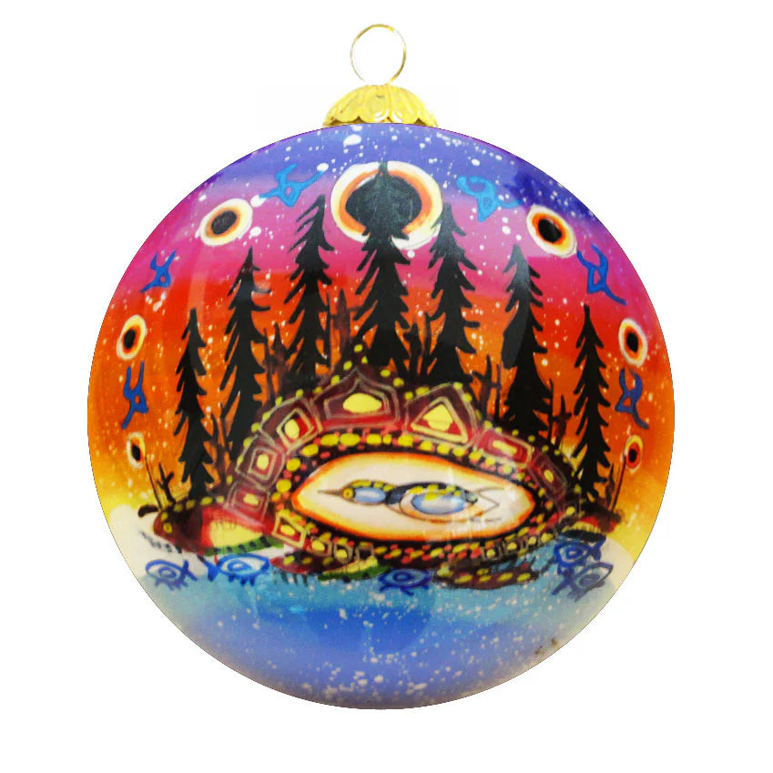 Celebration of Creation Glass Ornament showcasing Indigenous artistry and vibrant colors.