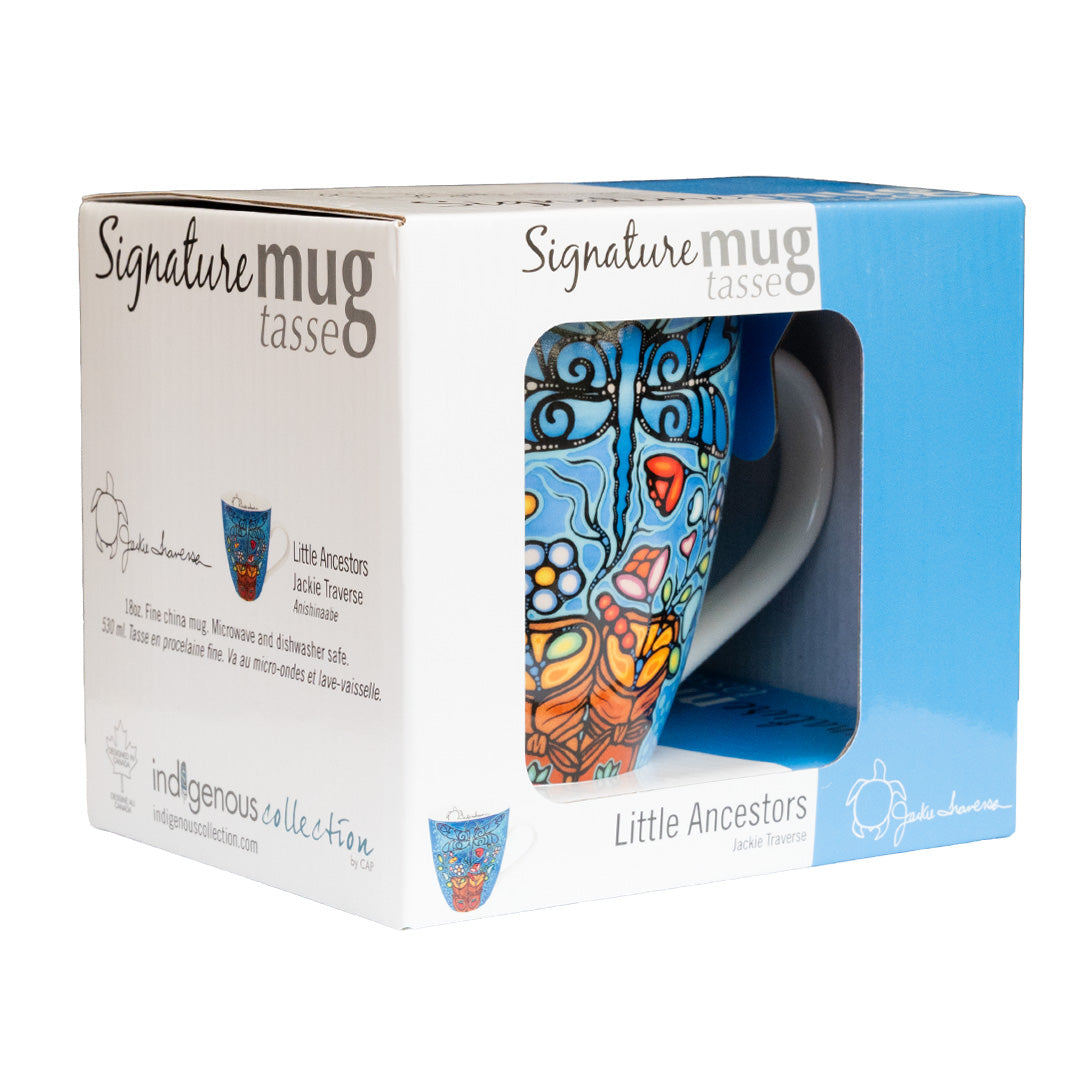 Colorful mug in a 'Signature mug' box with 'Little Ancestors' design.