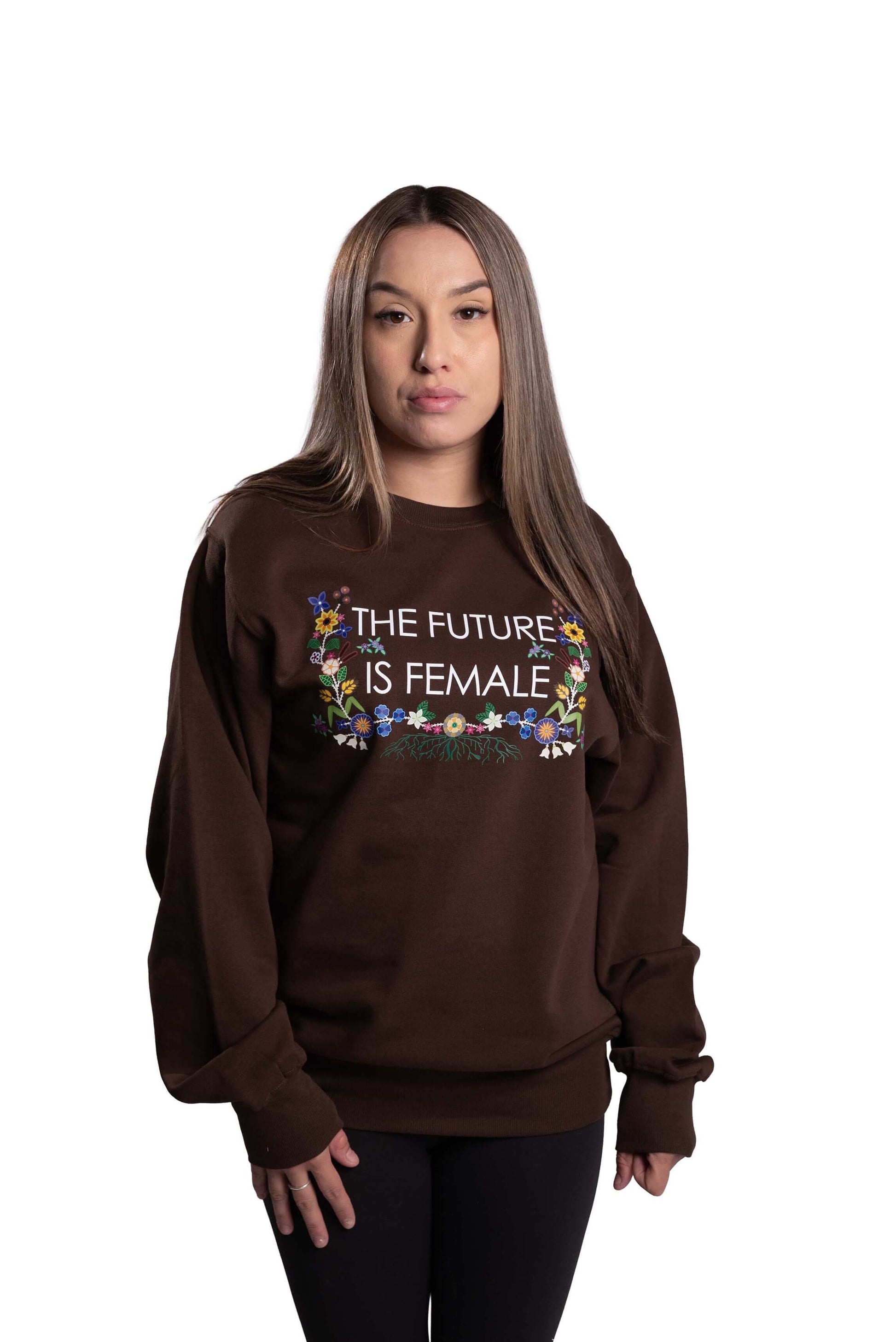 Future is Female Sweatshirt – Front View in Brown