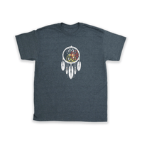 Grey Dreamcatcher Medicine Wheel Tee with Indigenous dreamcatcher and medicine wheel design front view