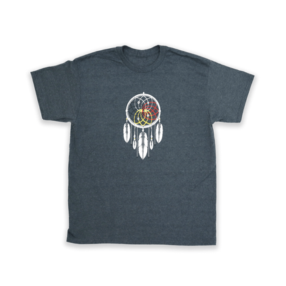 Grey Dreamcatcher Medicine Wheel Tee with Indigenous dreamcatcher and medicine wheel design front view