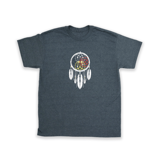 Grey Dreamcatcher Medicine Wheel Tee with Indigenous dreamcatcher and medicine wheel design front view