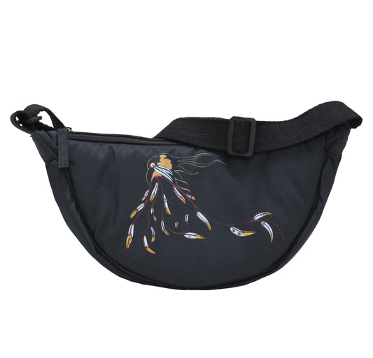 Eagle's Gift Halfmoon Shoulder Bag featuring Indigenous art on a stylish black design.