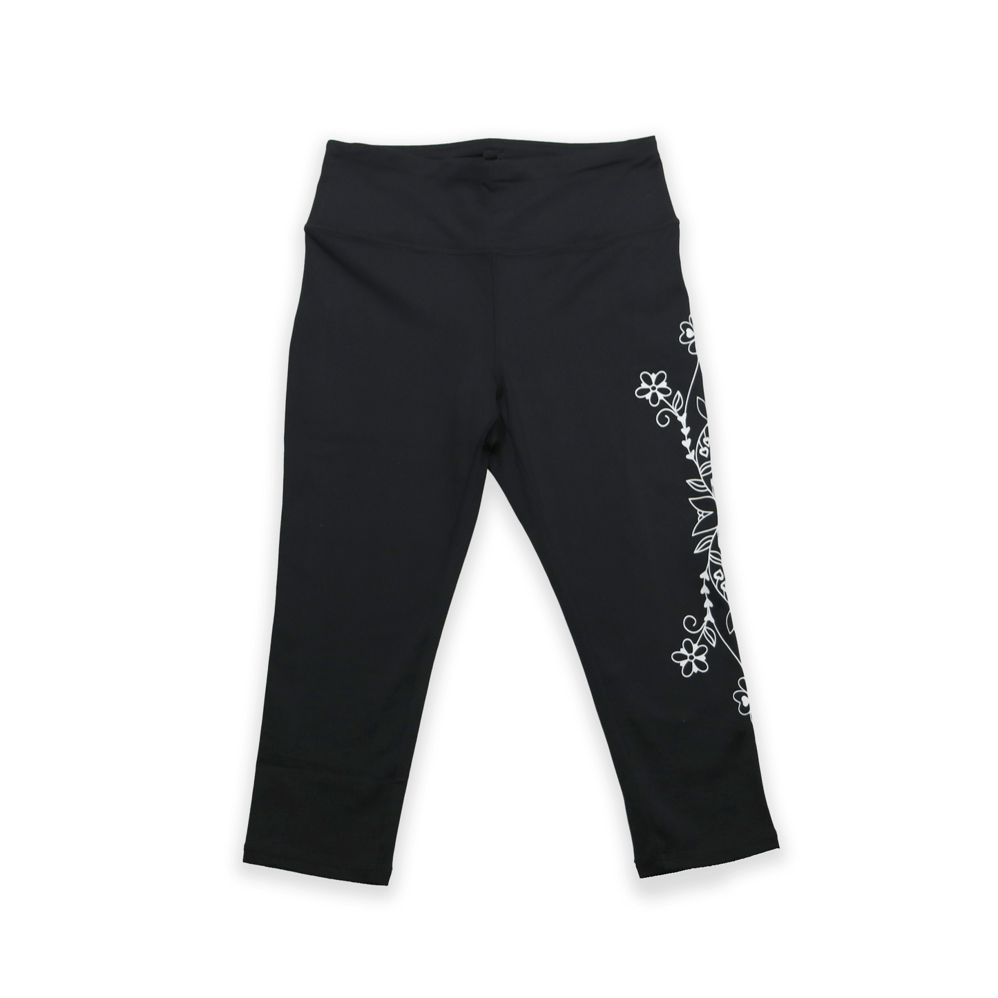 Black Eternal Spring Floral 3/4 Leggings with floral print on side flat lay