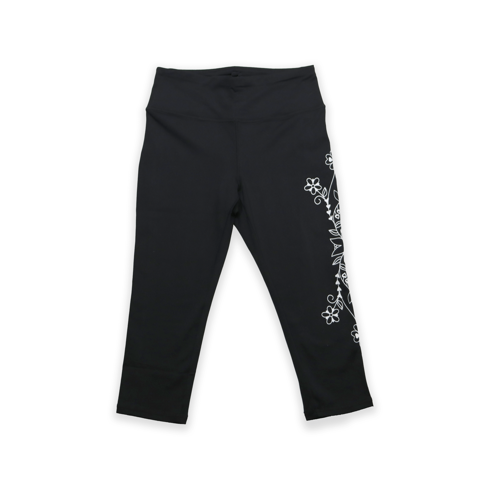 Black Eternal Spring Floral 3/4 Leggings with floral print on side flat lay