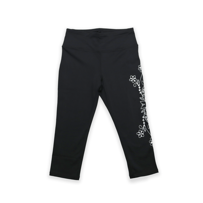 Black Eternal Spring Floral 3/4 Leggings with floral print on side flat lay
