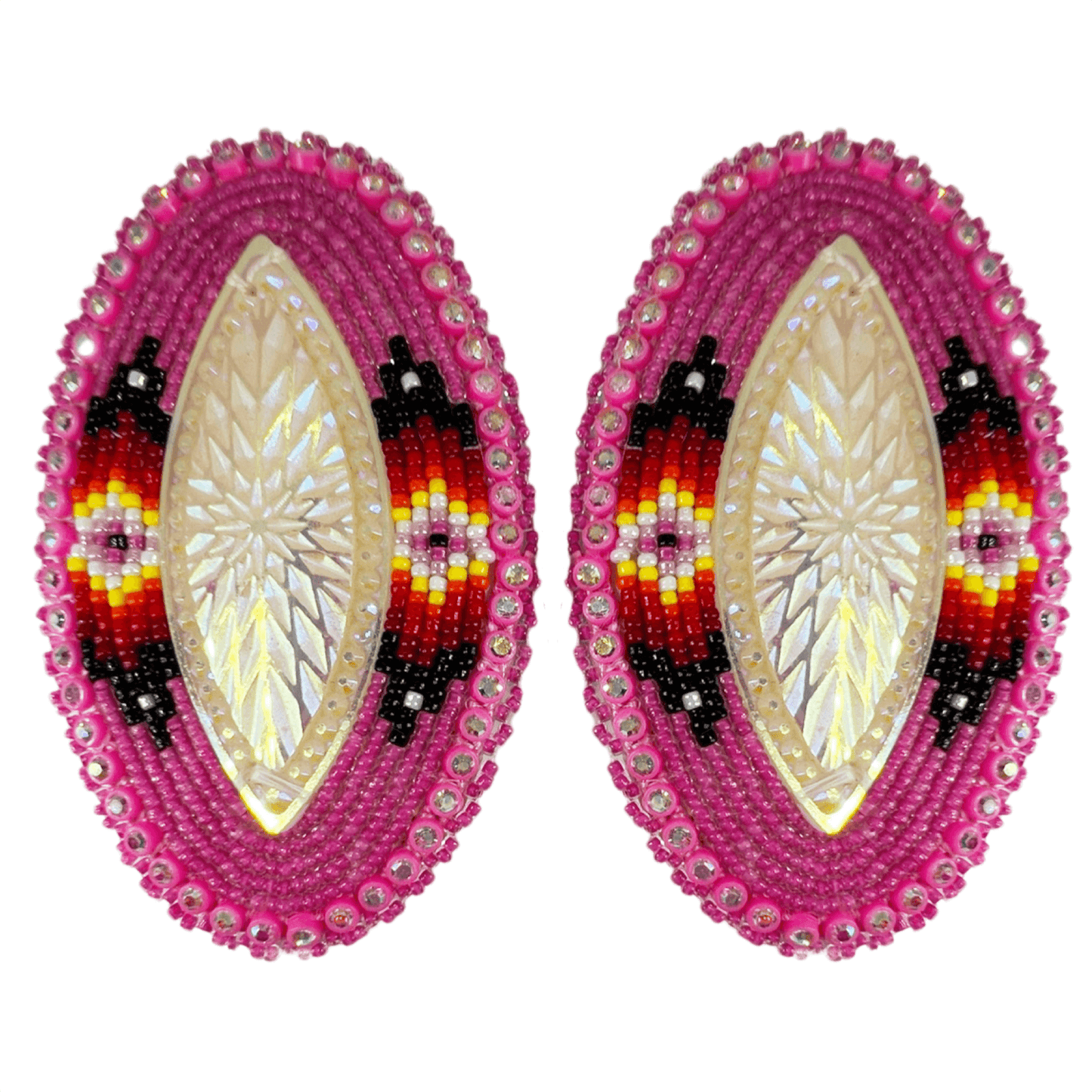 Beaded glam eye earrings in pink Indigenous handmade jewelry