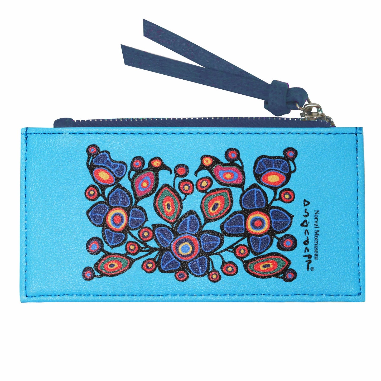 Flowers and Birds Card Holder featuring vibrant artwork by Norval Morrisseau on synthetic leather.