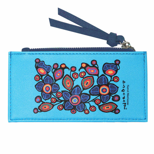 Flowers and Birds Card Holder featuring vibrant artwork by Norval Morrisseau on synthetic leather.