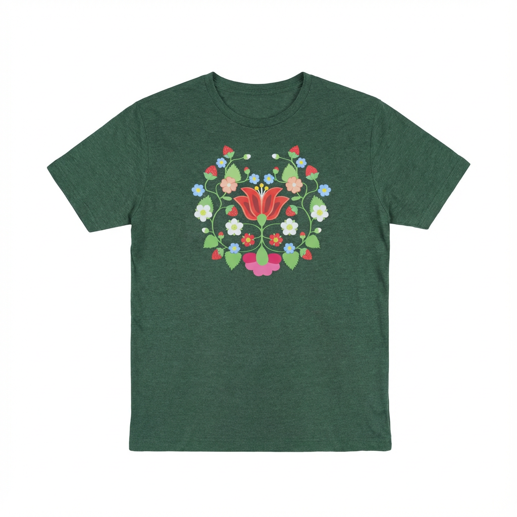 Strawberry Floral Tee featuring a vibrant Indigenous strawberry floral design on a green T-shirt.
