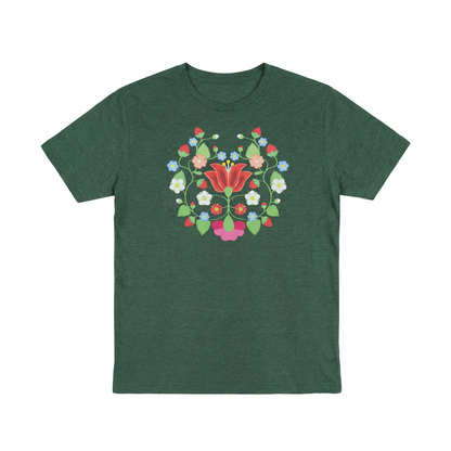 Strawberry Floral Tee featuring a vibrant Indigenous strawberry floral design on a green T-shirt.